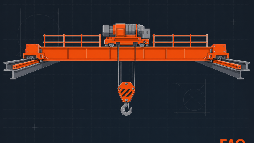 Double-girder overhead bridge crane illustration on blueprint grid, orange structure on charcoal background