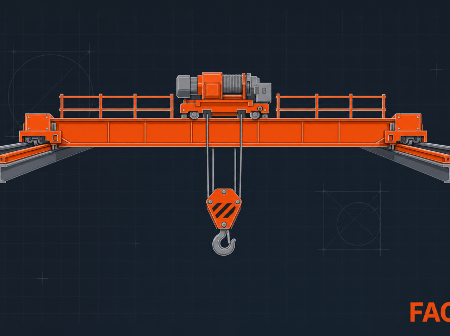 Double-girder overhead bridge crane illustration on blueprint grid, orange structure on charcoal background